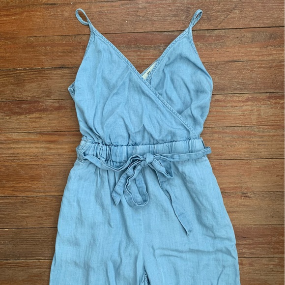Thread & Supply Wrap Top Wide Leg Chambray Romper - Picture 2 of 8